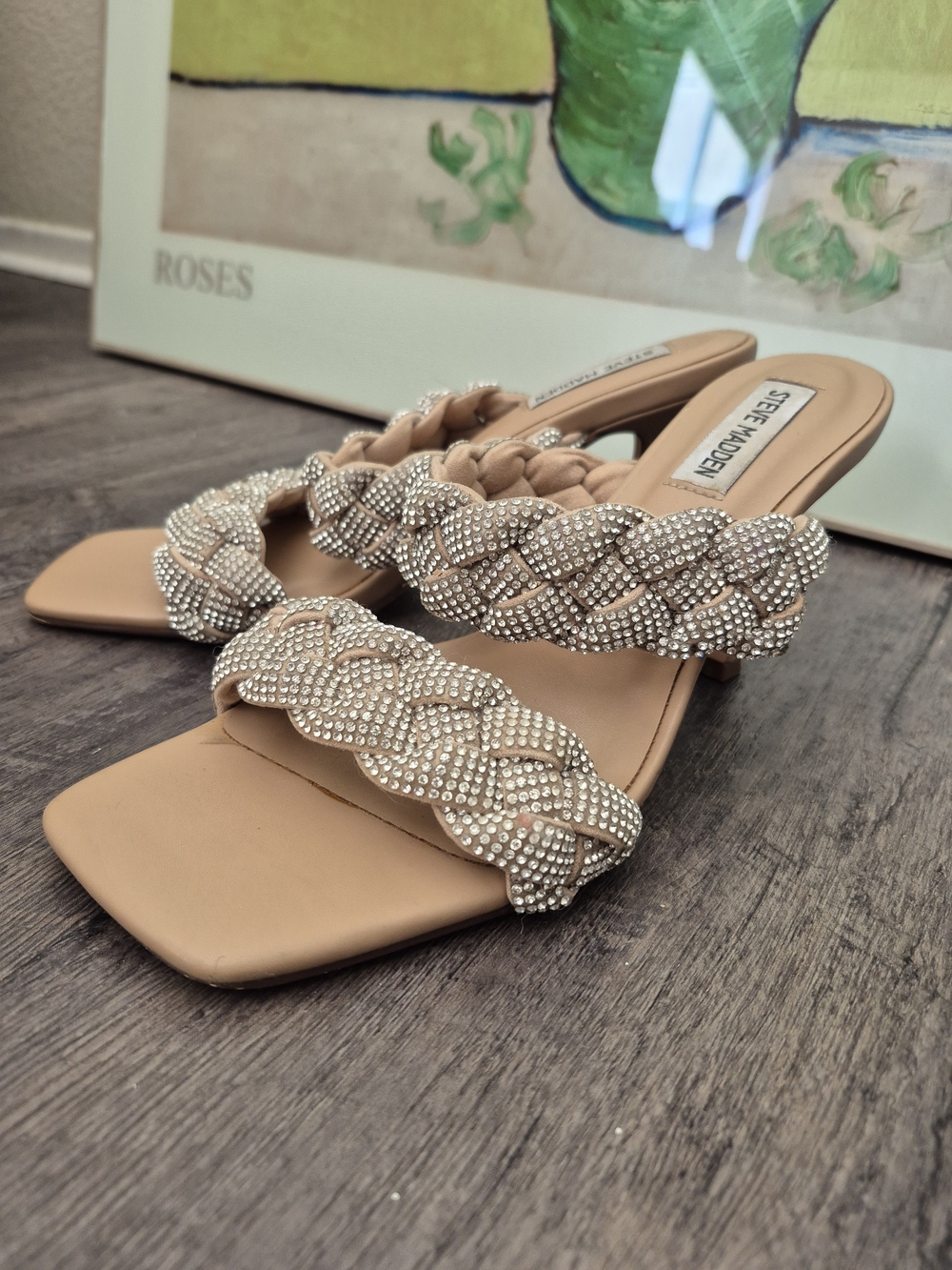 Steve Madden Beige Braided Crystal Strap Slide Heels - Picture 3 of 12